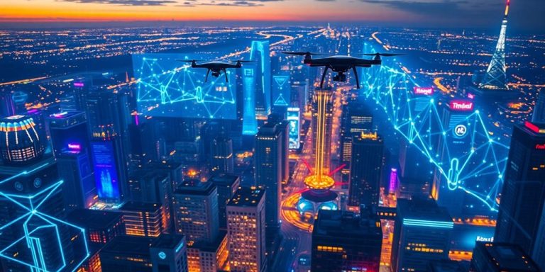 Futuristic cityscape with glowing holographic elements.