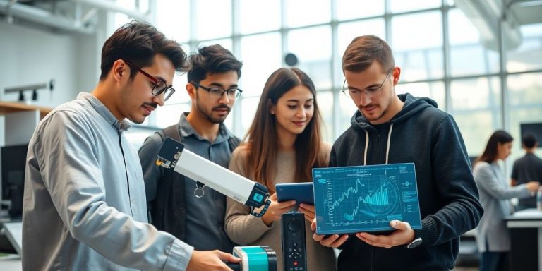 University students working on advanced tech projects.
