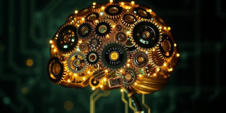 Gears and circuits form a glowing brain.