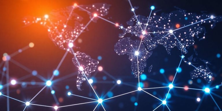 Blockchain network connecting abstract financial nodes.