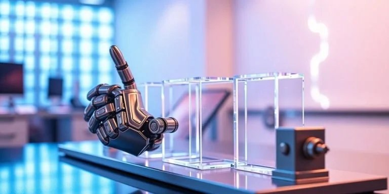 Robotic hand touching glowing linked cubes in modern blue-purple setting.