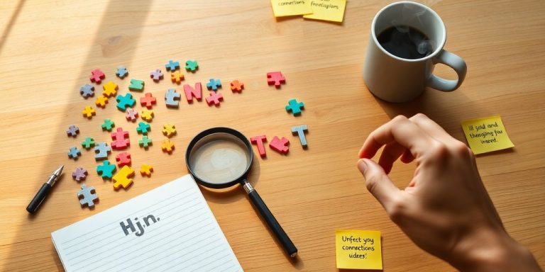 Hand placing puzzle piece on wooden table beside steaming coffee