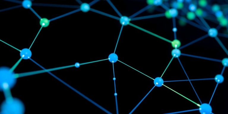 Blockchain network connections with glowing nodes.