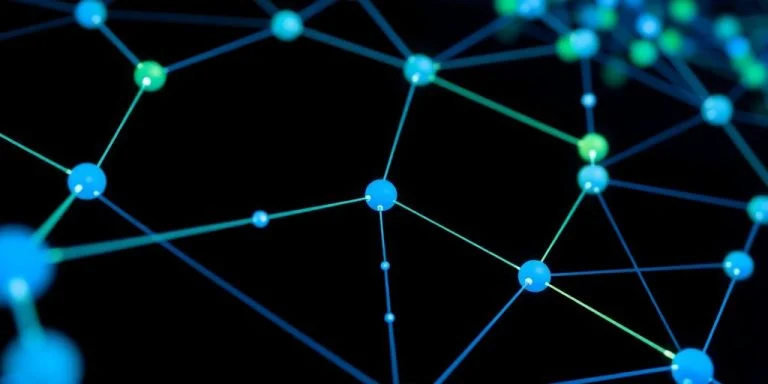 Blockchain network connections with glowing nodes.