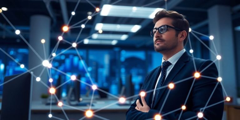 Blockchain professional with digital network background.