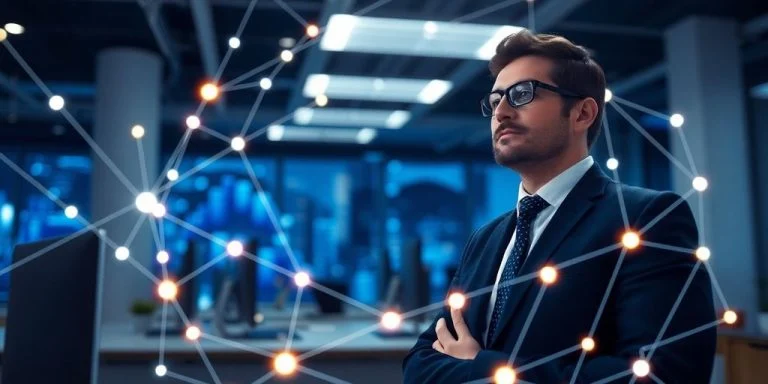 Blockchain professional with digital network background.