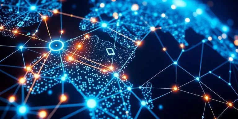 Global network connections and digital devices.