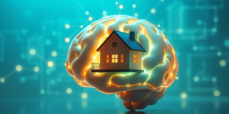 AI brain with house inside, digital lines connecting.