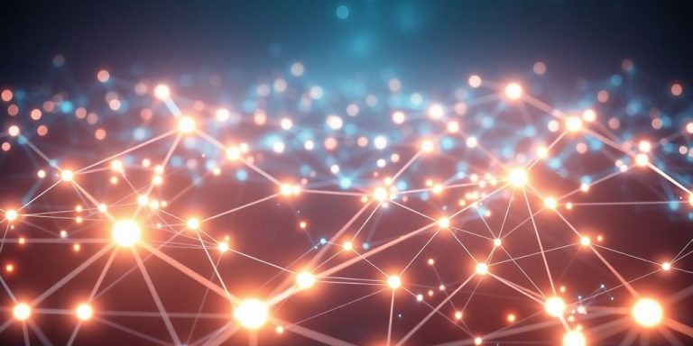 Blockchain network connections glowing in digital space.