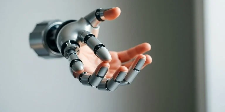 Humanoid robot hand gently touches a human hand.