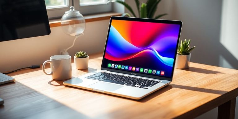 Home office desk with laptop, coffee mug, and small succulent.