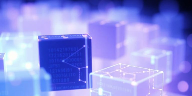 Digital blocks floating in cyberspace.