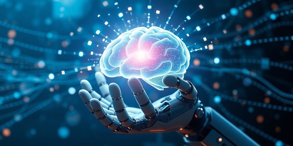 Robotic hand holding a glowing digital brain.