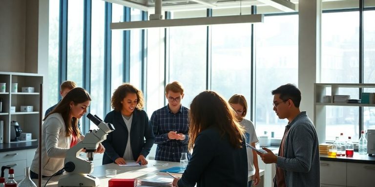 Students collaborating in a modern university lab.