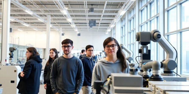 Students work inside a large industrial technology lab.