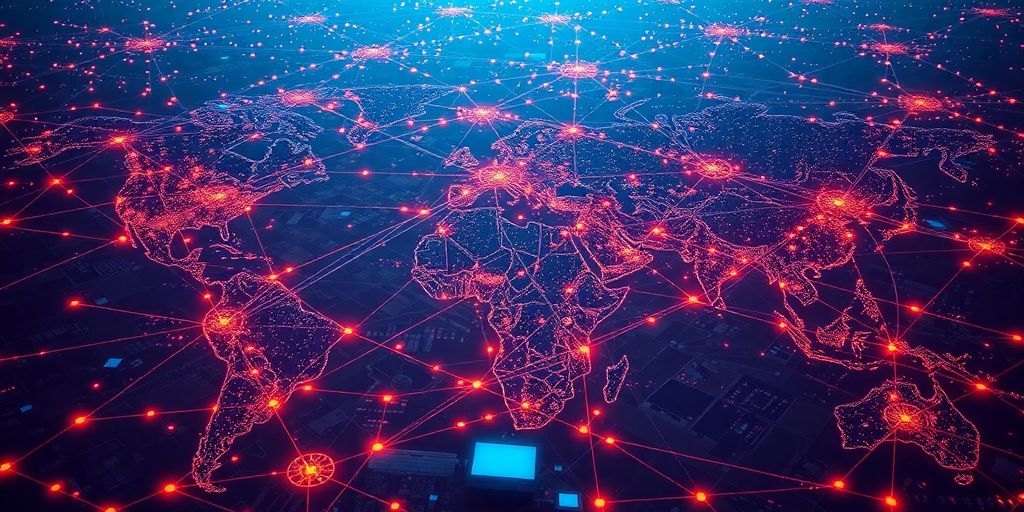Global network connections connecting technology hubs.