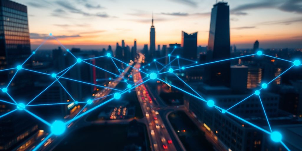 Glowing blockchain network over city