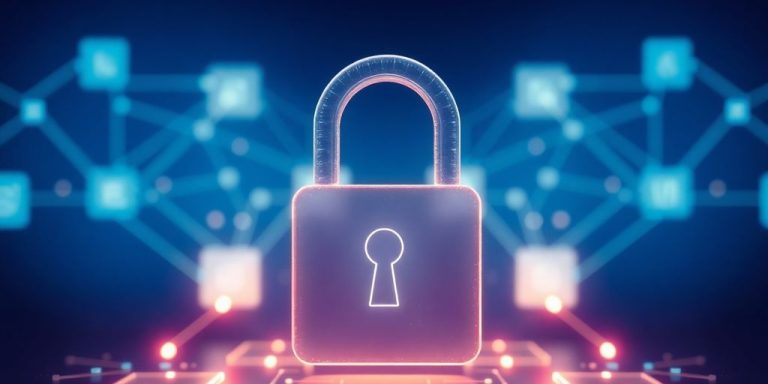 Digital padlock, financial data, interconnected blocks