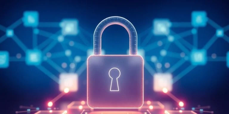Digital padlock, financial data, interconnected blocks