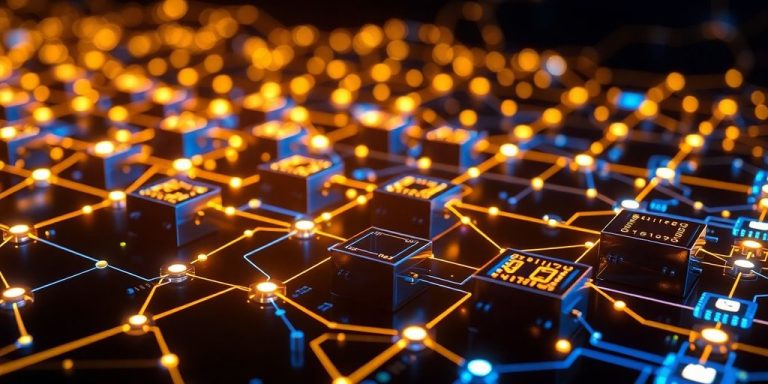 Blockchain network connecting digital financial ledgers.