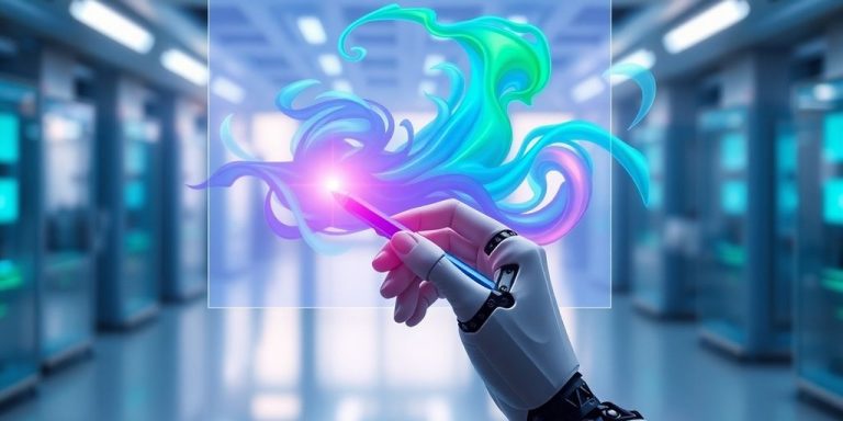 Robotic hand painting vibrant, swirling digital art.