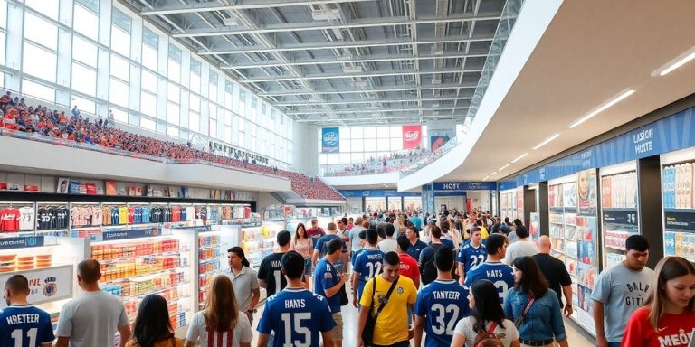Shoppers walk past store shelves inside stadium