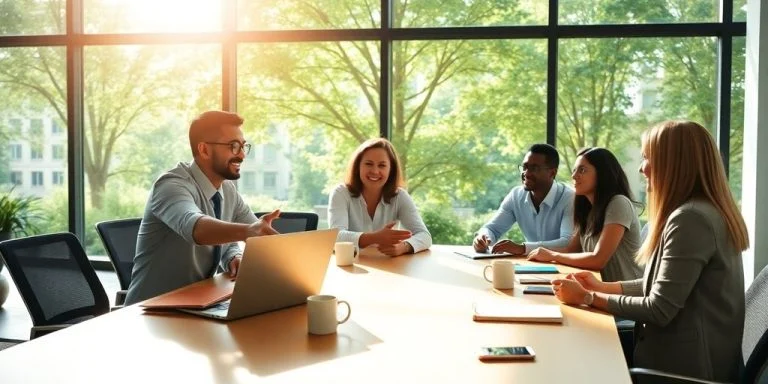 Professionals shaking hands across a bright wooden table in office.