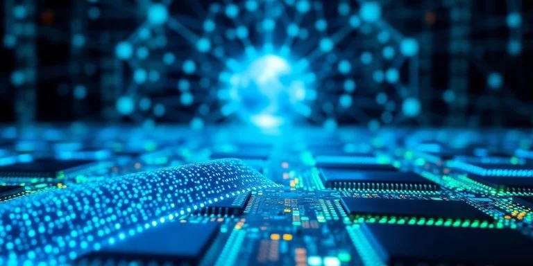 Digital data streams flowing through futuristic city.