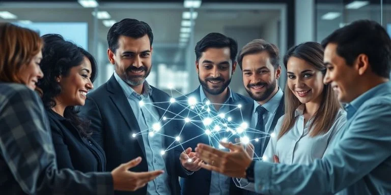 Diverse group collaborating on technology solutions globally.