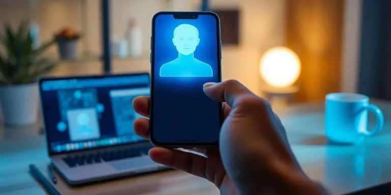 Hand holding smartphone with blue AI hologram above modern desk.