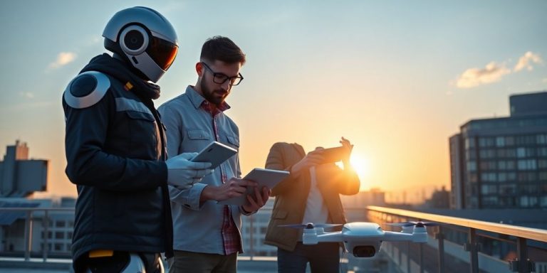 Diverse engineer and robot working together with drone on rooftop.