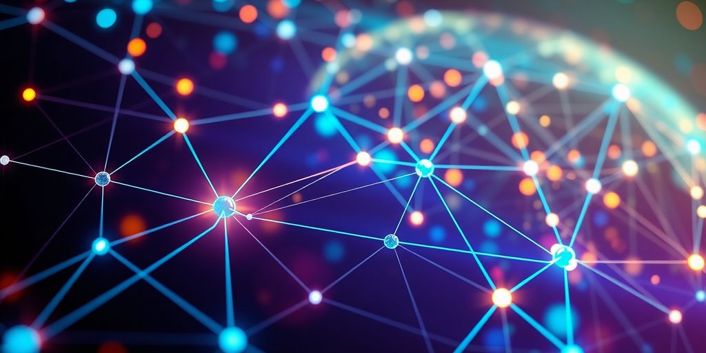 Blockchain network connecting financial symbols.