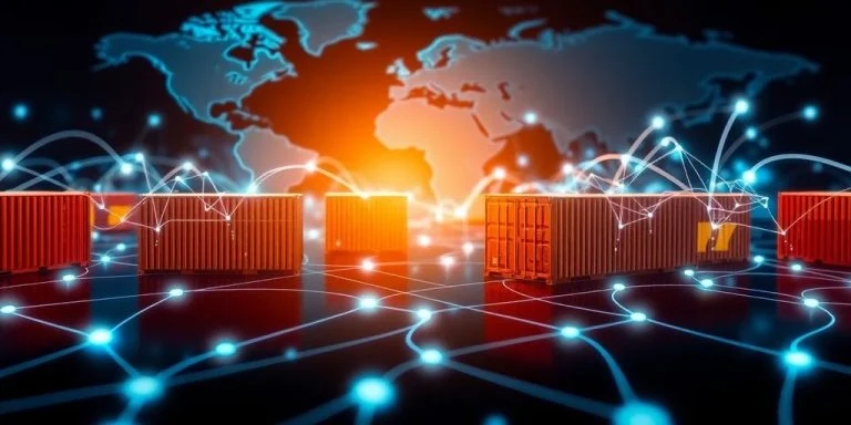 Blockchain network connecting global shipping containers.