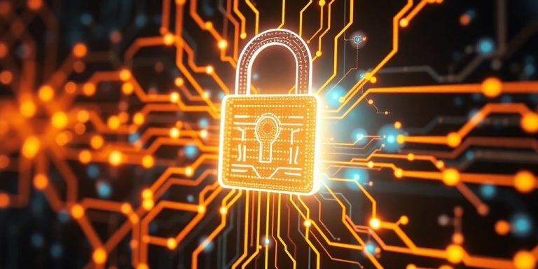 Digital lock with glowing circuitry and interconnected nodes