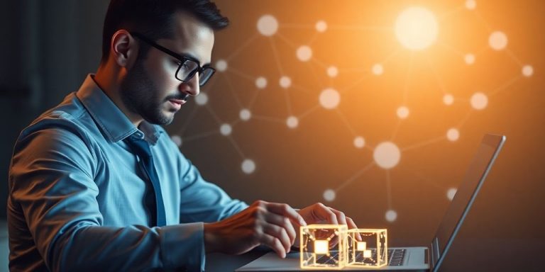 Accountant with digital blockchain network.