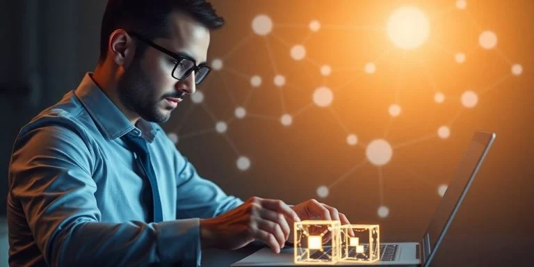 Accountant with digital blockchain network.