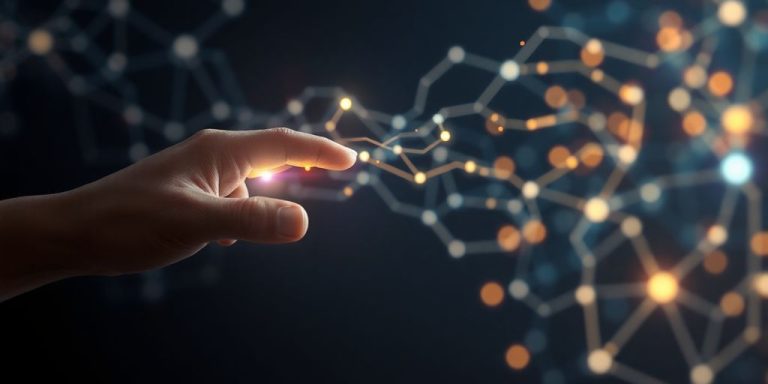 Human hand touching abstract glowing AI network.