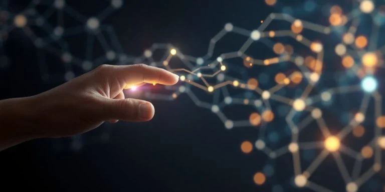 Human hand touching abstract glowing AI network.