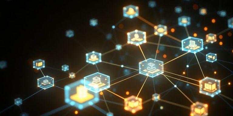 Interconnected digital blocks forming a complex network.