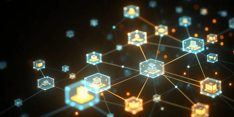 Interconnected digital blocks forming a complex network.