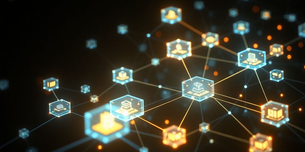 Interconnected digital blocks forming a complex network.