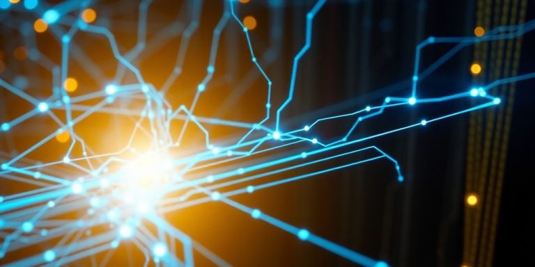Interconnected digital circuits with glowing blue lines forming a network.