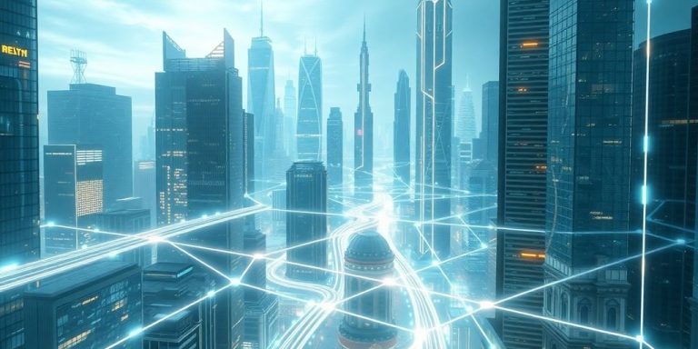 Futuristic city with glowing digital connections