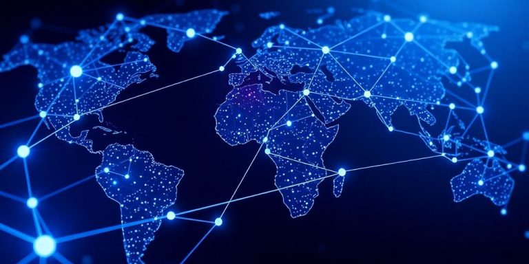 Blockchain nodes connecting global supply chains.
