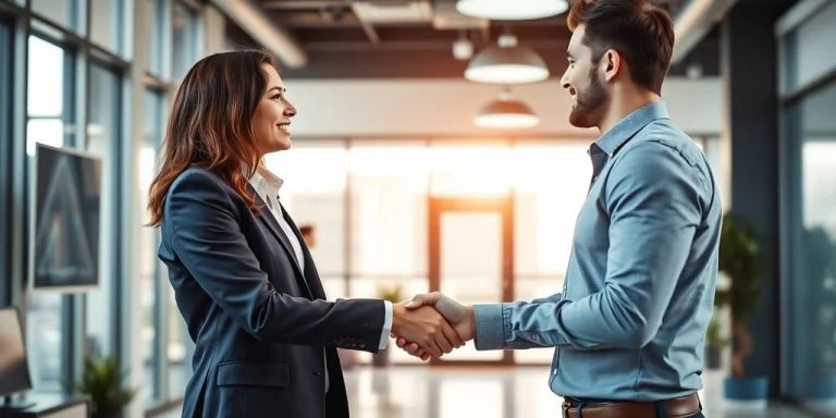 Person closing a deal in a modern office.