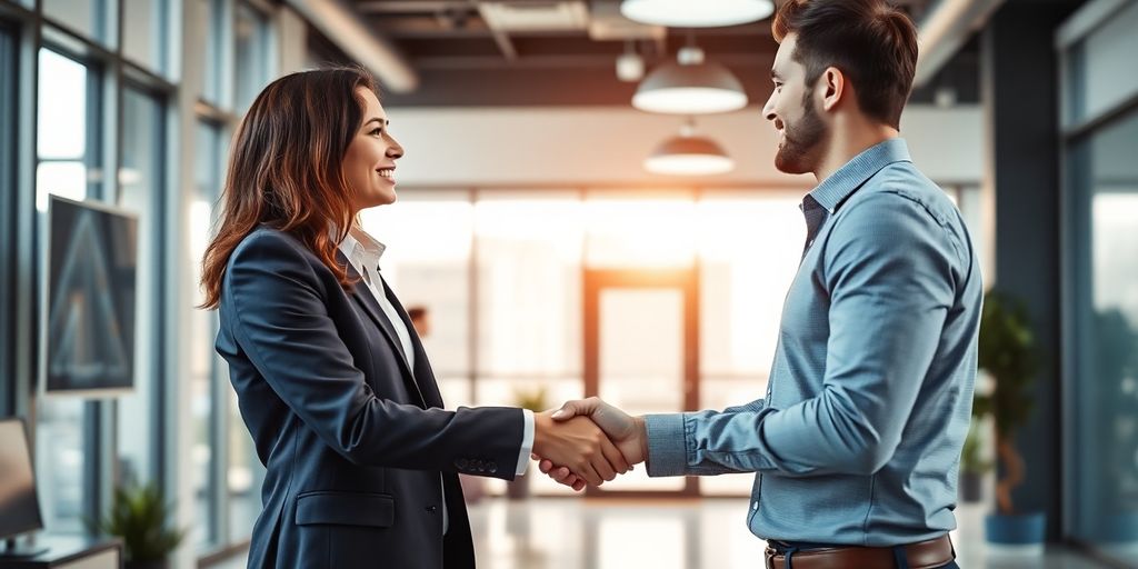 Person closing a deal in a modern office.