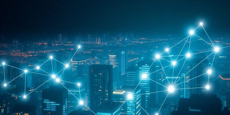 Digital connections link geometric shapes in a futuristic network.