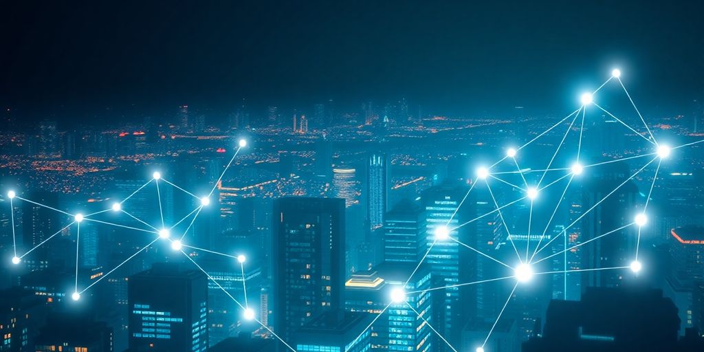 Digital connections link geometric shapes in a futuristic network.