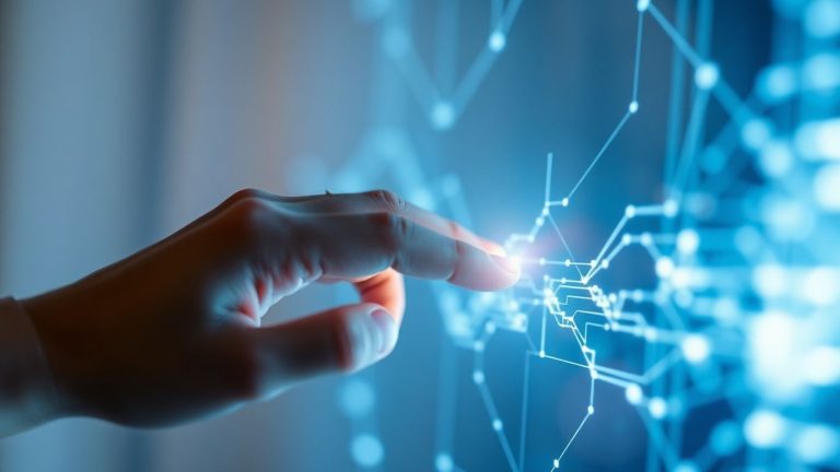 Human hand interacting with glowing digital interface.