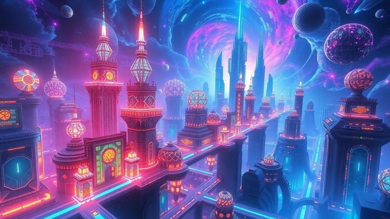 Futuristic digital cityscape with glowing geometric shapes and pathways.